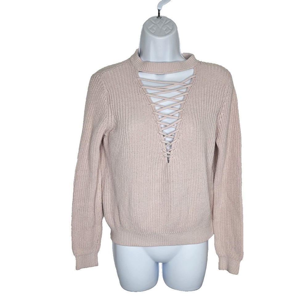 Vintage-Inspired Forever 21 Light Pink Lace-Up Sweater – Ribbed,‎ Cozy, Medium"